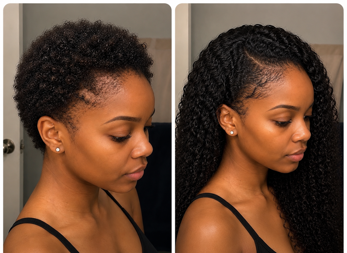 Side-by-side comparison of the same woman — mid transformation with noticeably thicker, fuller hair, and the final result with long, strong, healthy hair.
