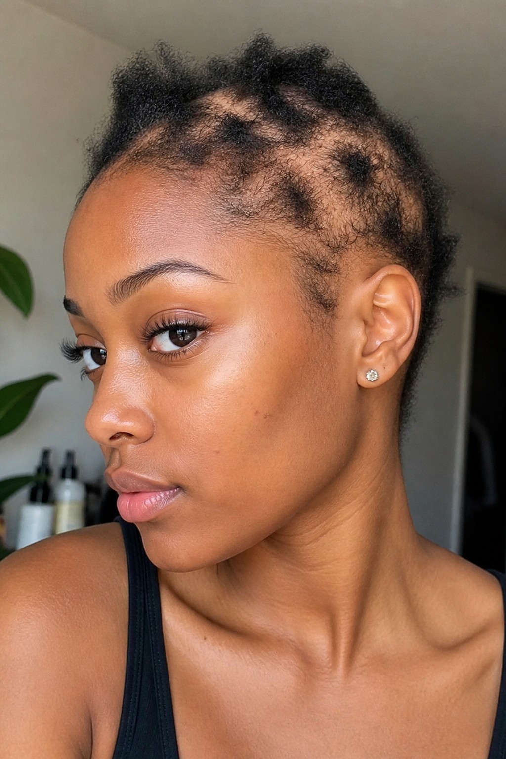 A woman showing real hair regrowth partway through her revival journey.